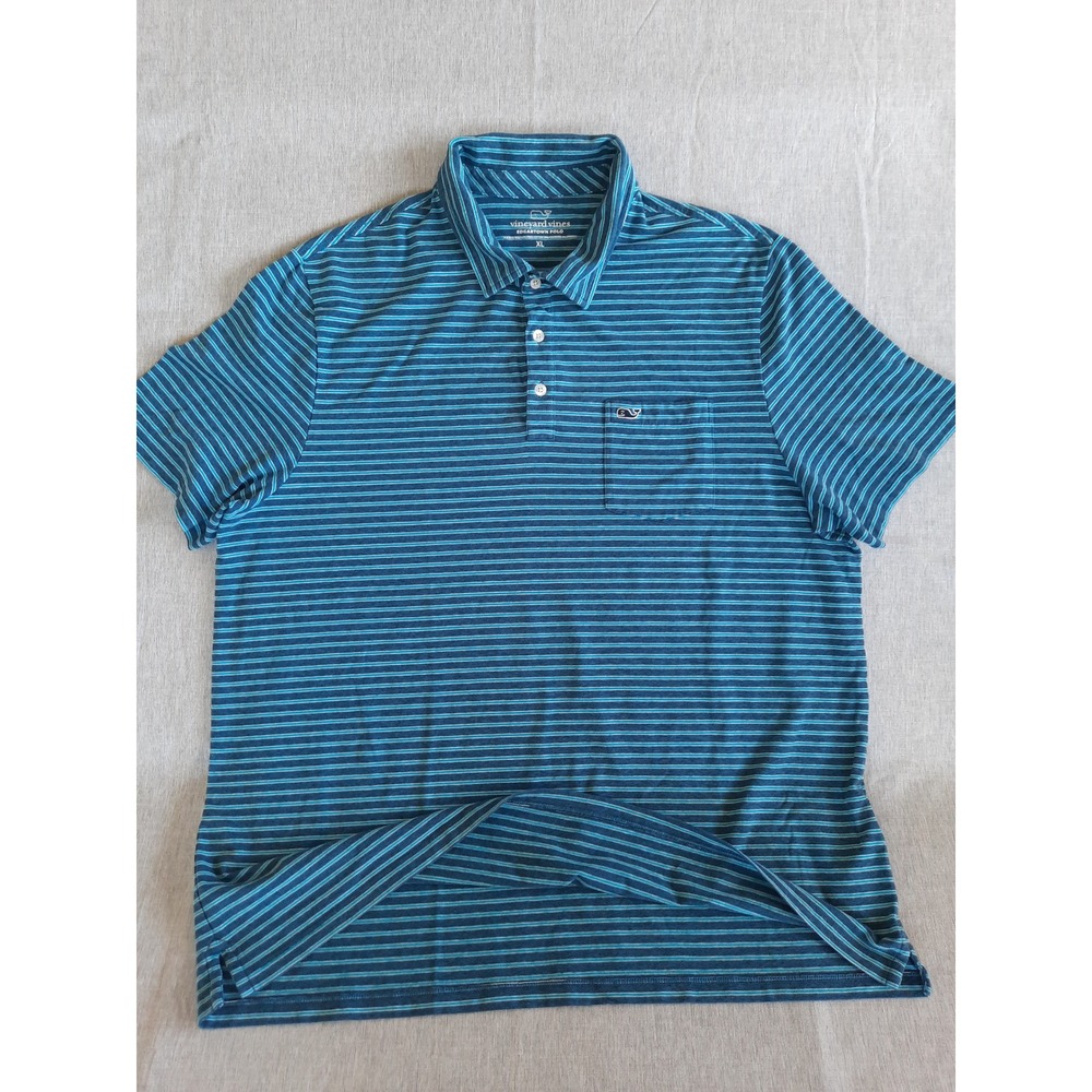 Vineyard Vines Men's XL Navy Blue Stripes Logo Pocket Edgartown Polo Shirt